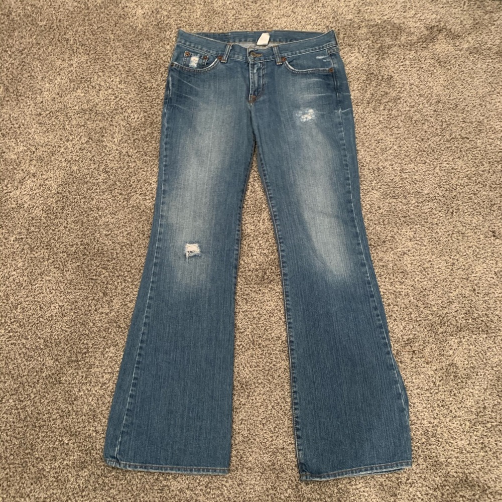 Women's Blue Distressed Flared Jeans